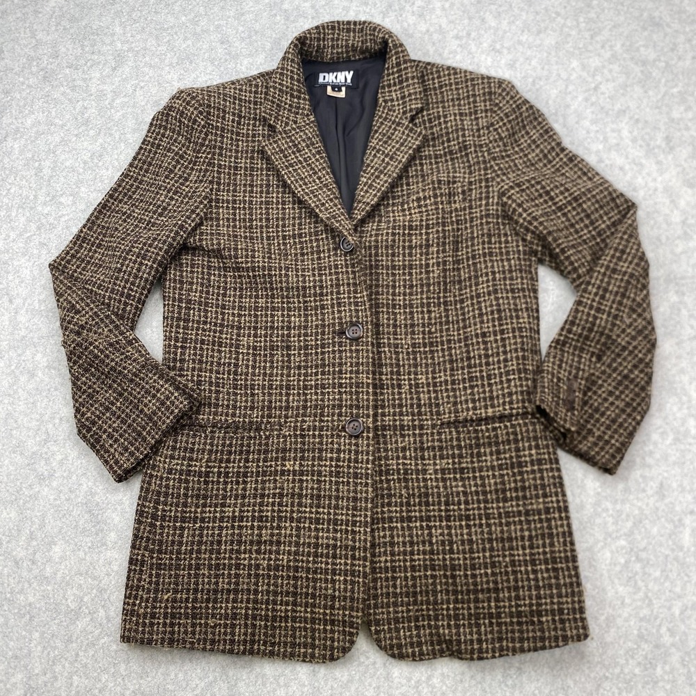 DKNY Jacket Womens 4 Brown Wool Tweed Check Single Breasted Blazer Made USA